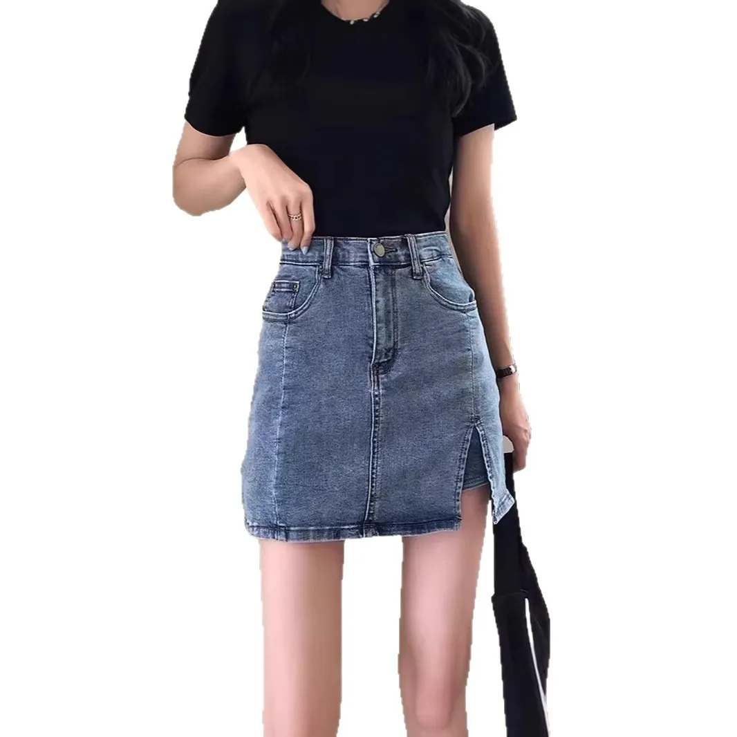 Summer 2026 Women's A-Line Slit Denim  Skirt plus Size Slimming Half Body Skirt Wraparound Skirt Casual Teenager Jeans Skirt