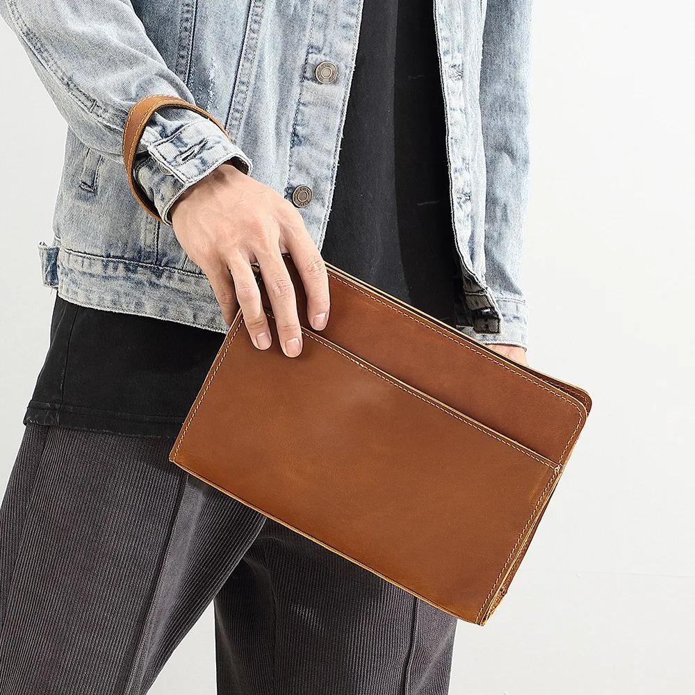 Men's genuine leather, crazy horse leather crossbody bag, business wallet, multi-functional long cowhide clutch