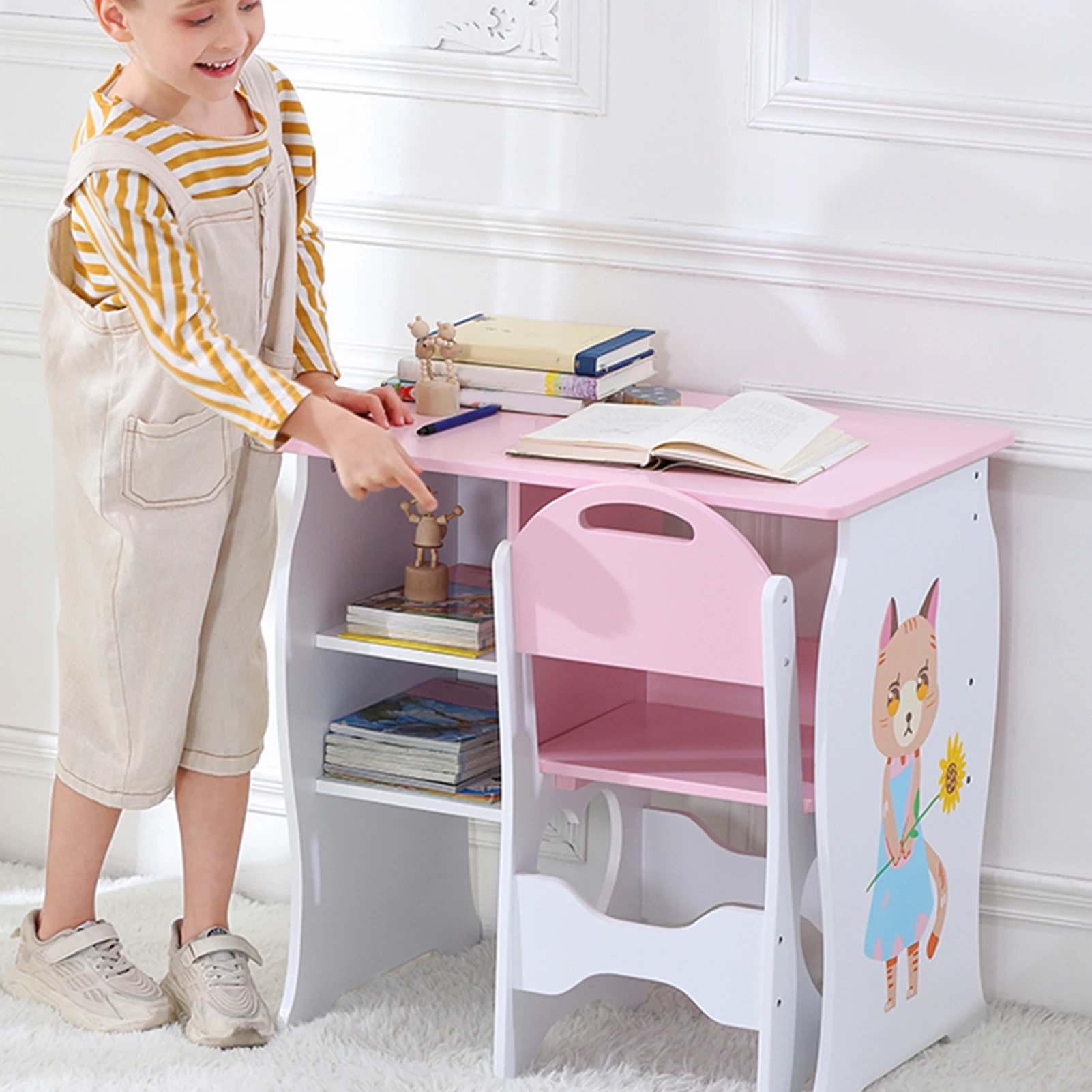 طاولة كتابة خشبية للأطفال مع رف تخزين ومكتب أطفال وكرسي مجموعة مكتب دراسة للأطفال طاولة دراسة خشبية وكرسي #1