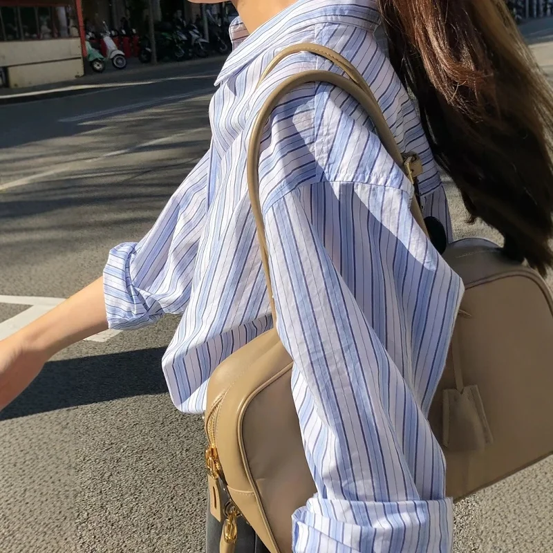 

Comfortable Casual Striped irt Collar Color Blo Cotton Long Sve Women's Faionable Loose Fit Commute Sle Clothing