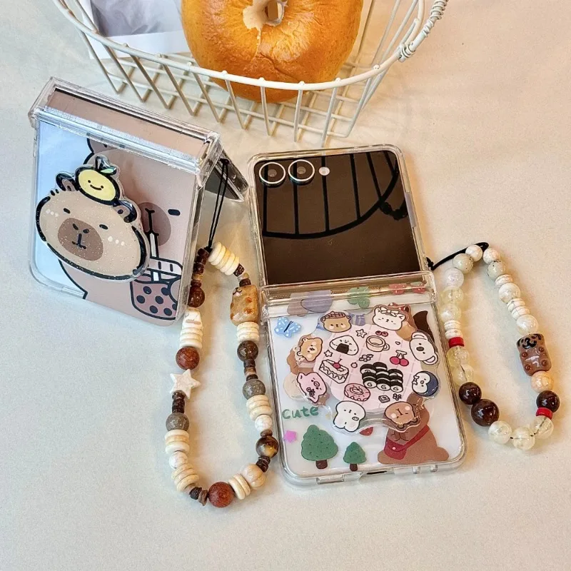 

For Samsung Galaxy Z Flip 7 FE Flip6 Flip5 Flip4 Flip3 Ins 3D Cute Capibara With Lanyard Holder Phone Case Protective Hard Cover