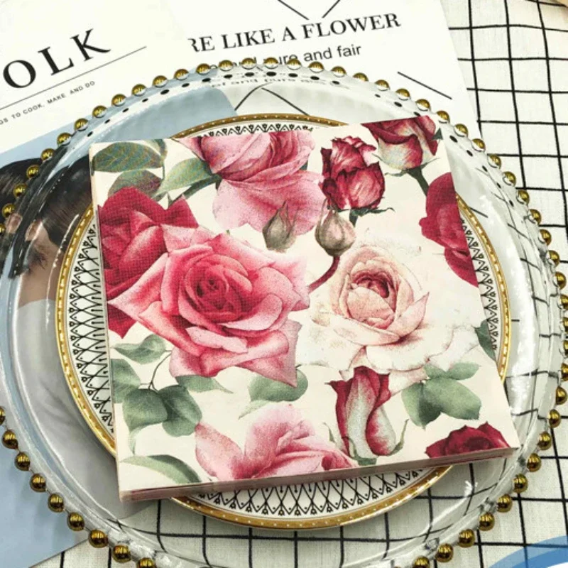 20pcs/Pac 33*33cm 2-Ply New Rose Colourful Printed Napkin Wedding Hotel Square Paper Napkin Placemat Butterfly Bone Bart Paper