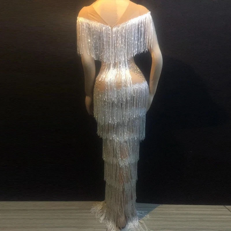 Strass borla vestidos longos perspectiva vestido mulher cantor bar festa de aniversário celebrar trajes drag queen
