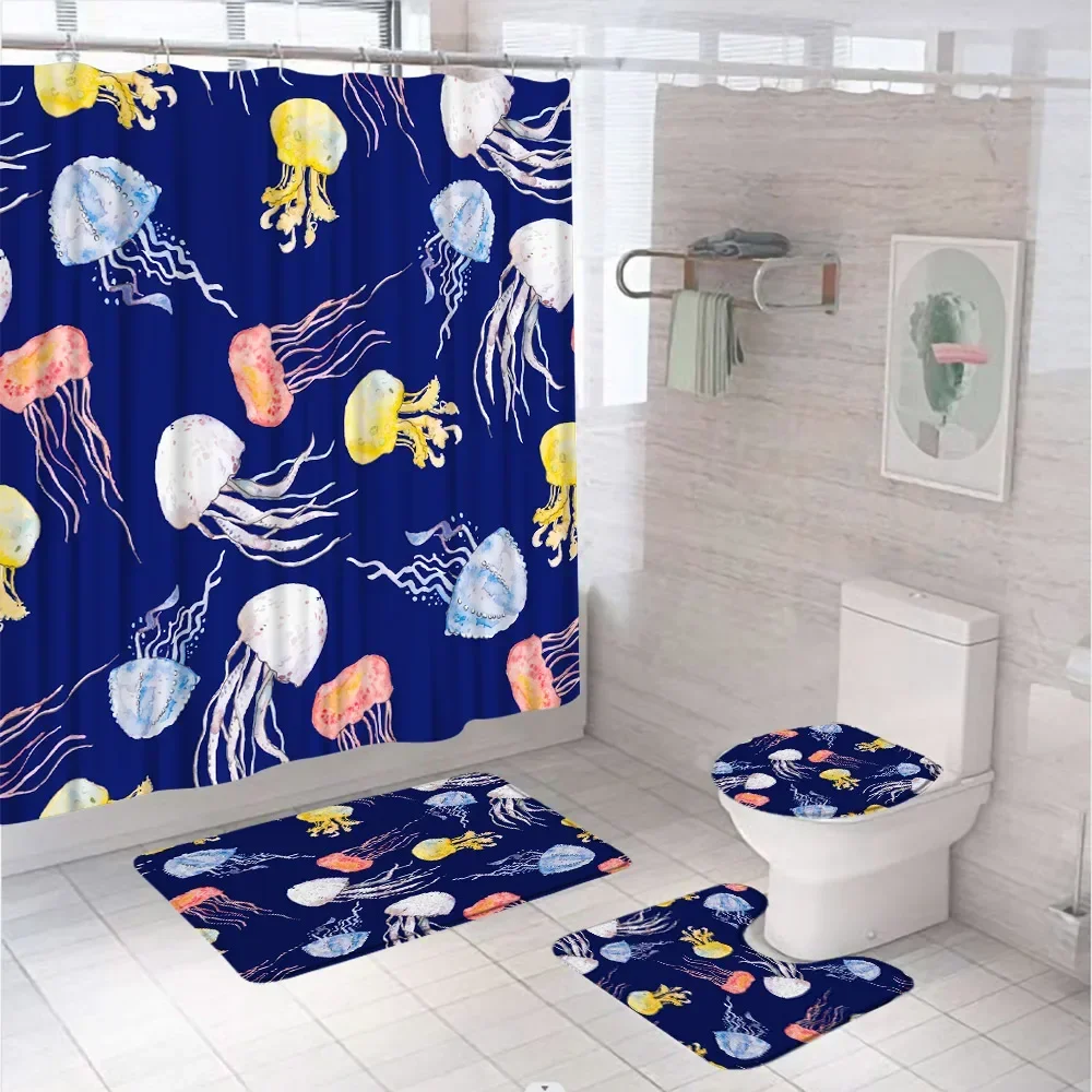 3D Dolphin Turtle Starfish Shower Curtain Sets Underwater Tropical Fish Ocean Sea Bathroom Curtains Bath Mats Rug Toilet Covers