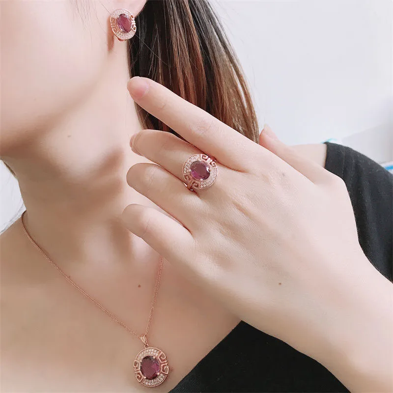 585 Purple Gold Smoke Gemstone Earrings for Women   Plated 14K Rose Gold Jewelry Sets Exquisite Round Wedding Ring Necklace