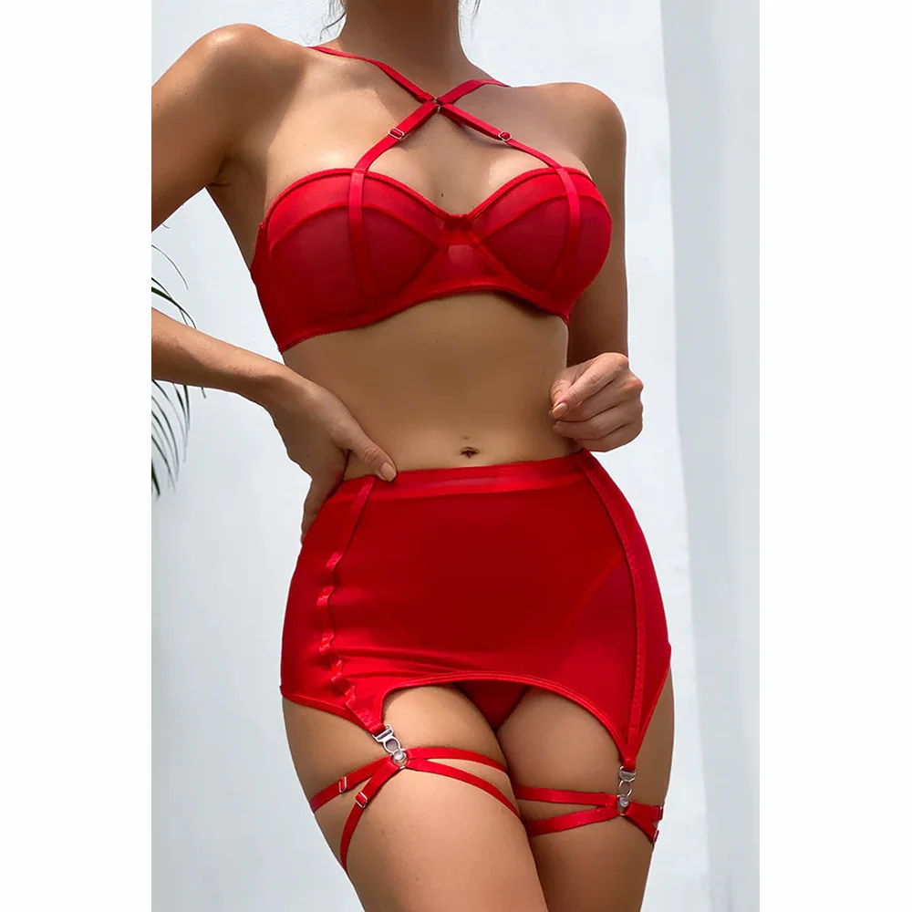 

Strappy Lingerie Set Women Halter Bra Sheer Shorts With Garter Leg Bands 3 Piece See Through Erotic Costume Romantic Nightwear