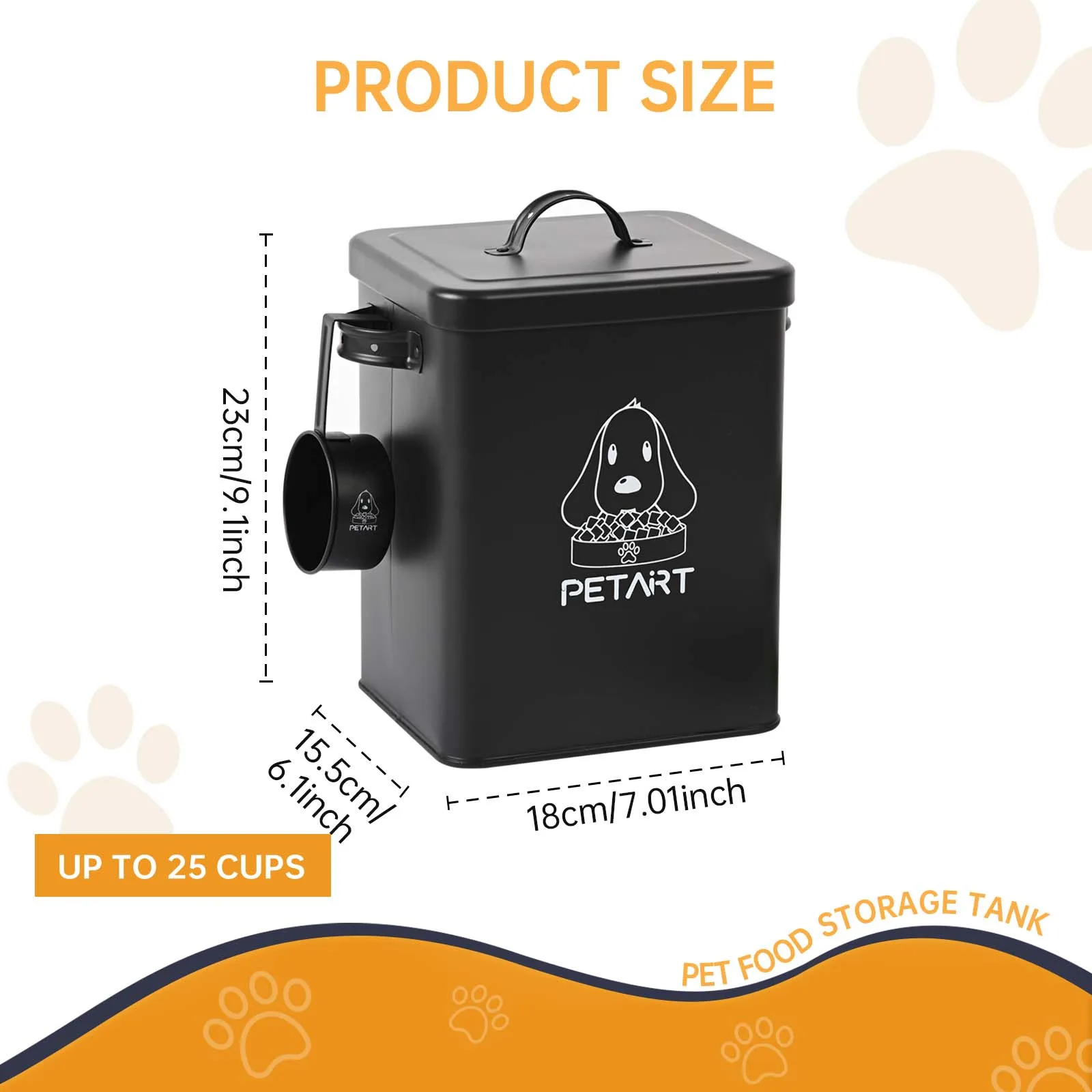 Dog Food Storage Container, Metal Pet Food Storage Containers,Cat Food Storage Container with Spoon & Cute Desiccant,Matte black