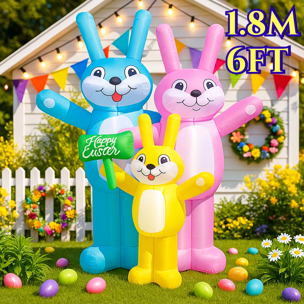 Buinny Family Inflatable Toy 1.8M/6FT Happy Easter Homes Holiday Decorations Built-in LED Lights Outdoor Garden Inflatable Decor