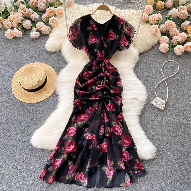 

Trumpet Evening Dress 2024 New Light Luxury Celebrity Chiffon Printed Rose Ruffle Edge Women's Dress