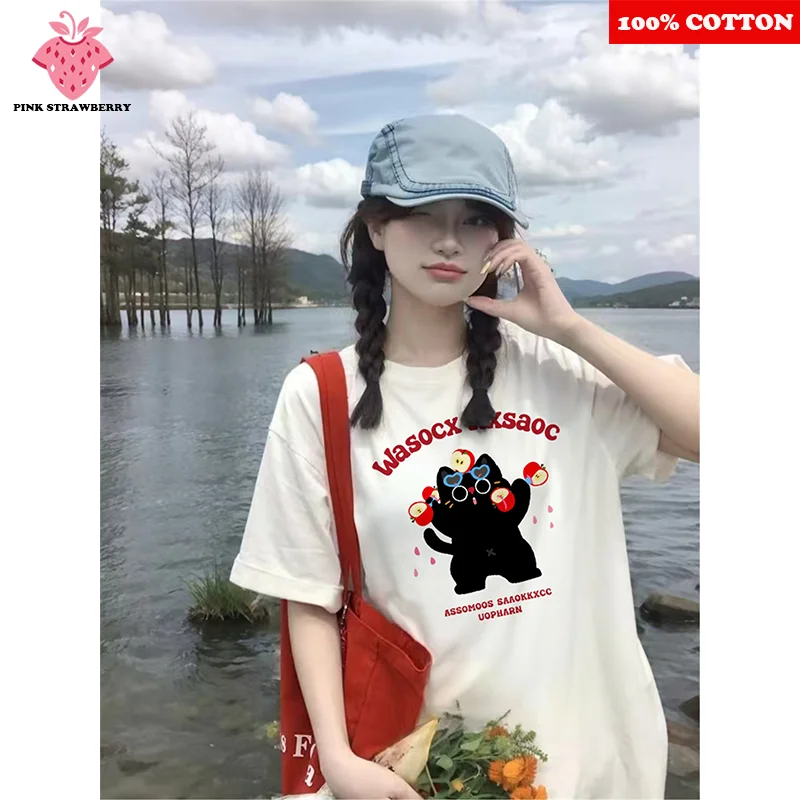 

Cute Cat Print White T-shirt Women Summer 2025 New 100% Cotton Korean style short sleeves Loose T-shirt Y2k Tops kawaii clothes