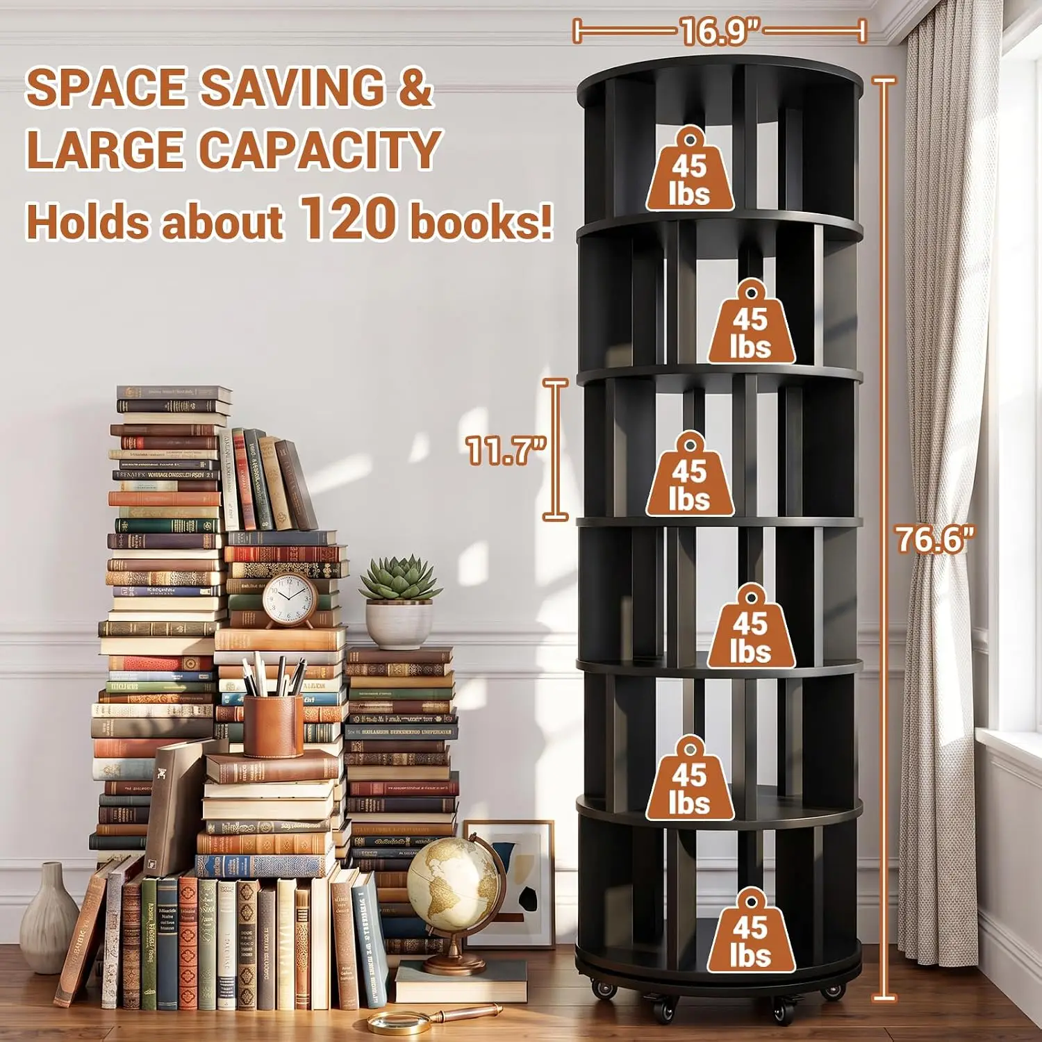 6-Tier Rotating Solid Wood 360° Revolving Bookshelf Tower, Customized
