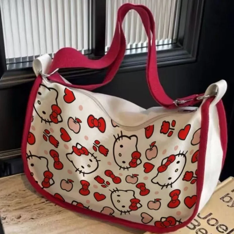 Hello Kitty Anime Kawaii MINISO Ins Fashion Canvas Bag Cute Cartoon Large Capacity Shoulder All Match Student Bag Gifts Toys