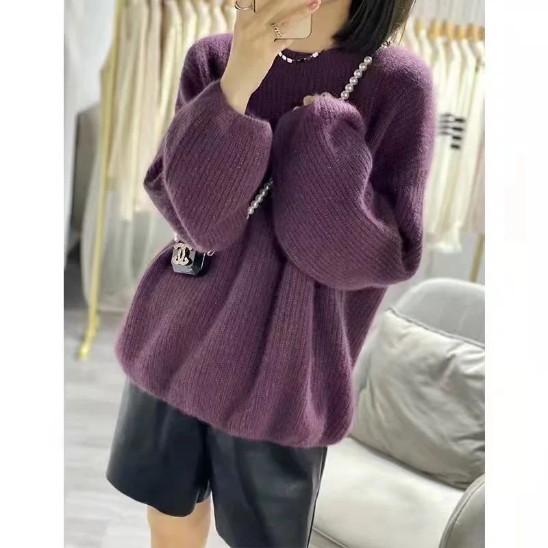 Round neck lantern sleeve knitted cashmere sweater women autumn winter Korean version lazy loose wool sweater pullover sweater