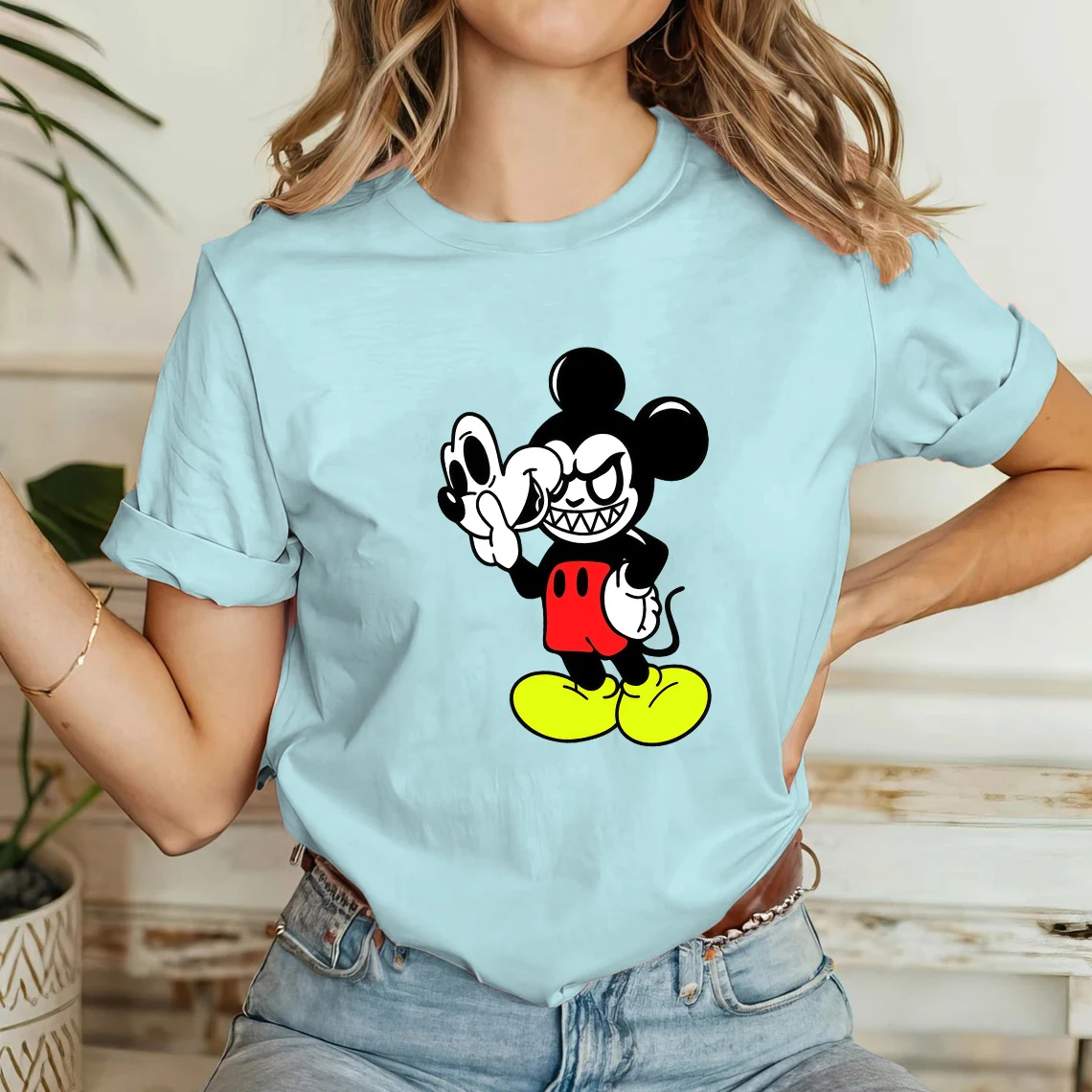 

Футболка Disney с Микки Маусом, женская спортивная повседневная синяя рубашка с коротким рукавом