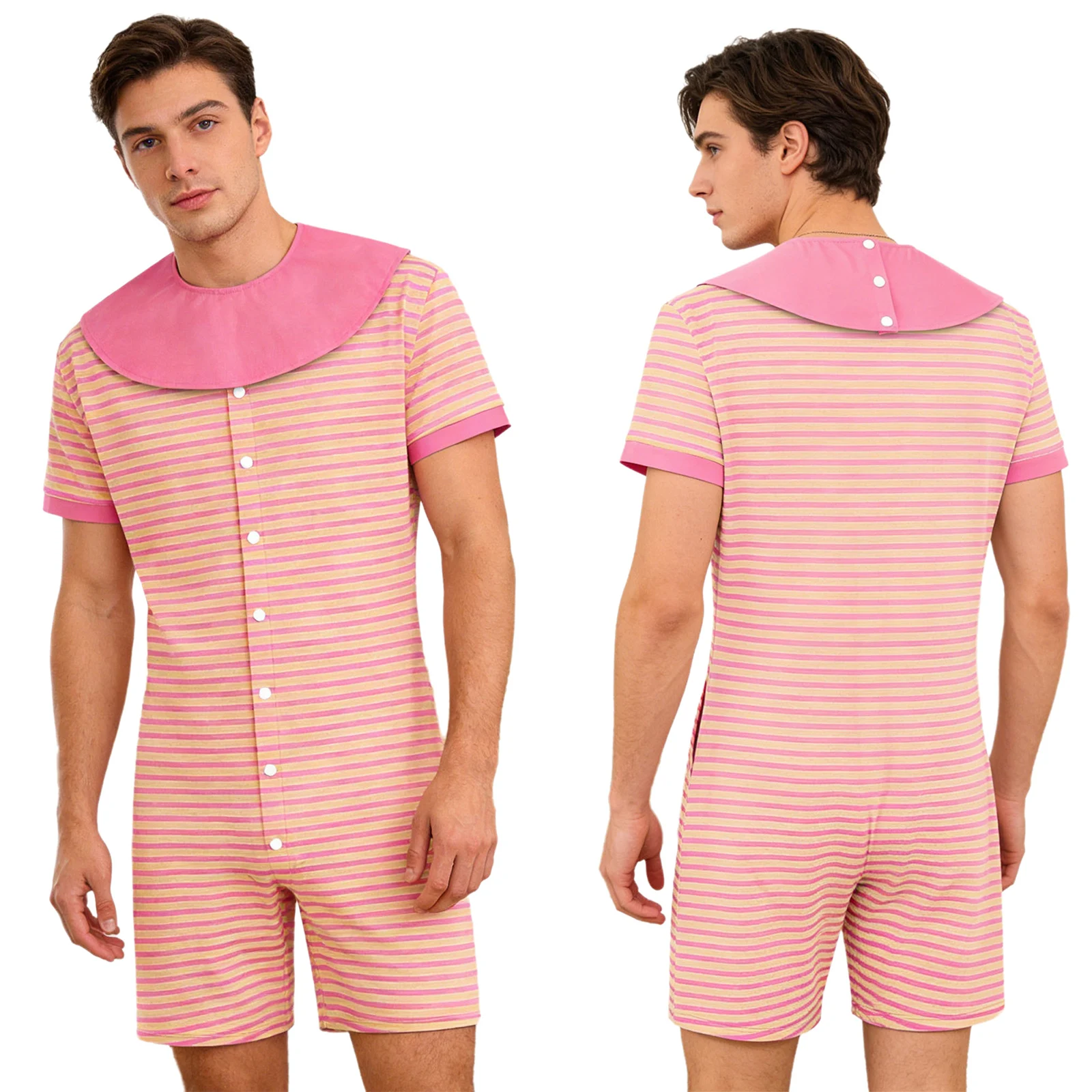 

Men Striped Pajamas Bodysuit with Removable Bibs Nightgown Short Sleeve Shorts Bottom One-piece Loungewear for Casual Daily