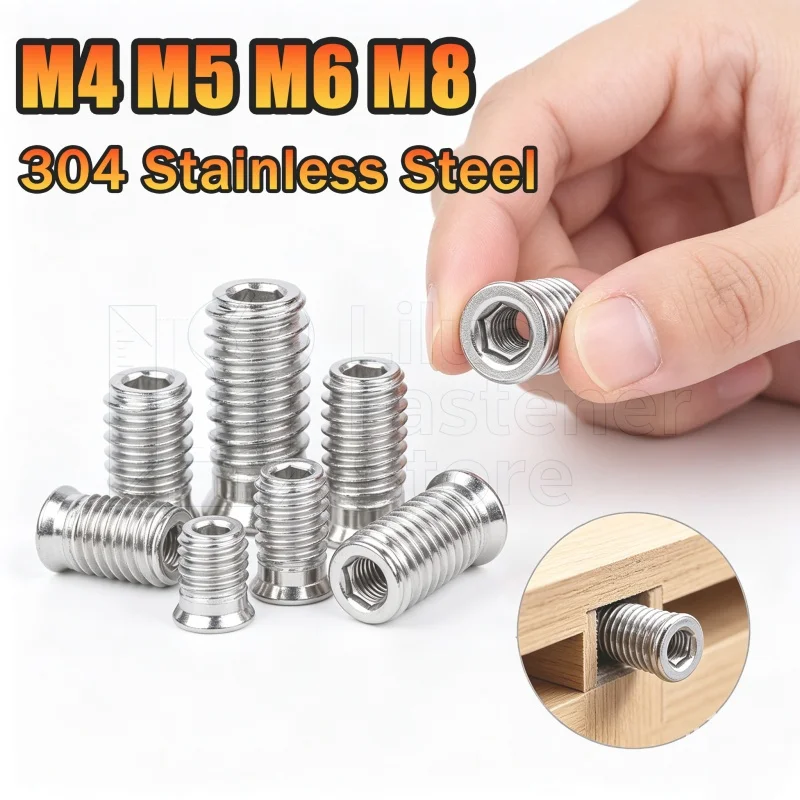 5pcs M4 M5 M6 M8 Hex Socket Drive Insert Nuts Threaded Embedded Furniture Nuts for Wood Furniture 304 Stiainless Steel (A2-70)