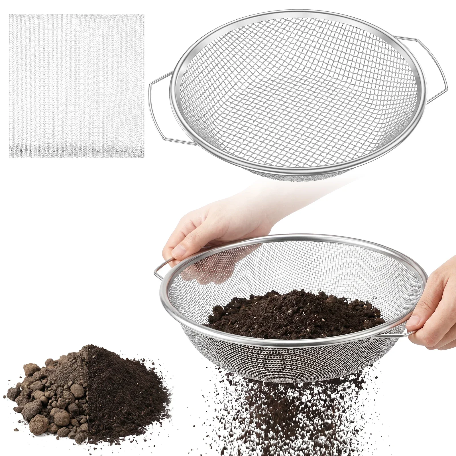 Garden Soil Sieve Stainless Steel Round with Handle Screen Sifter for Compost Sand Bonsai Potting Soil Filtering Remove Mesh