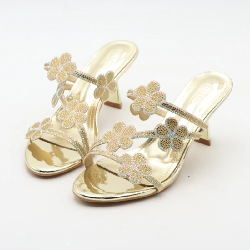 Rhinestone Applique High Heels Women Slippers Round Toe Open-toe Mules Style Fashion Designer Sandals Ladies Sapato Feminino