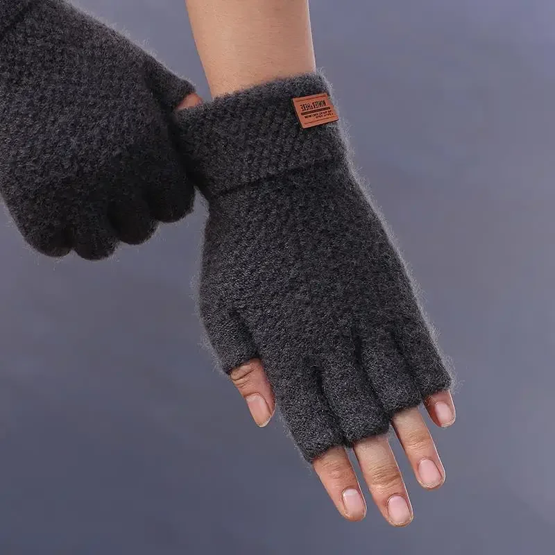 Men's winter gloves half finger writing into office bike braided gloves student warm thick elastic driving gloves