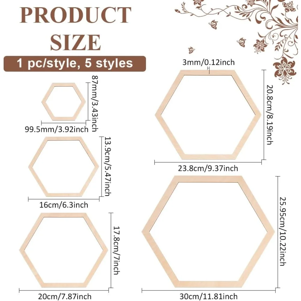 5 Sizes Hexagon Macrame Outline Wooden Hexagon Macrame Frame Wood Hoop Rings Macrame Art Frame Weaving for DIY Craft