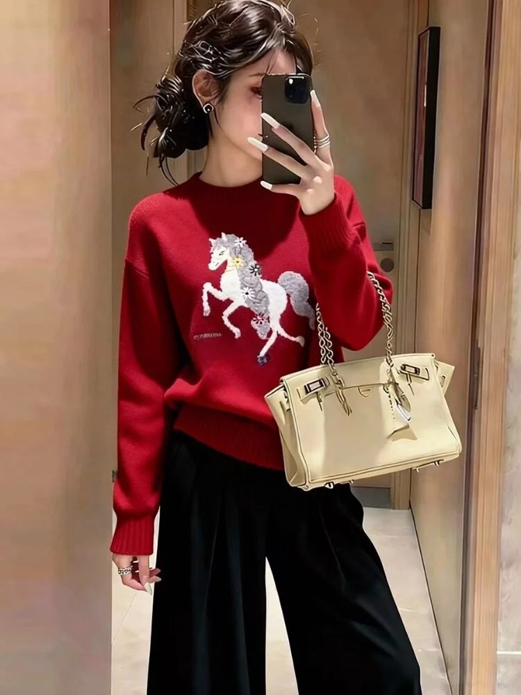 

Sli Red Knitted Sweater ort Sle Inner Wear Korean Design Winter Faion Casual Loose Fit Long Sve round Ne Top