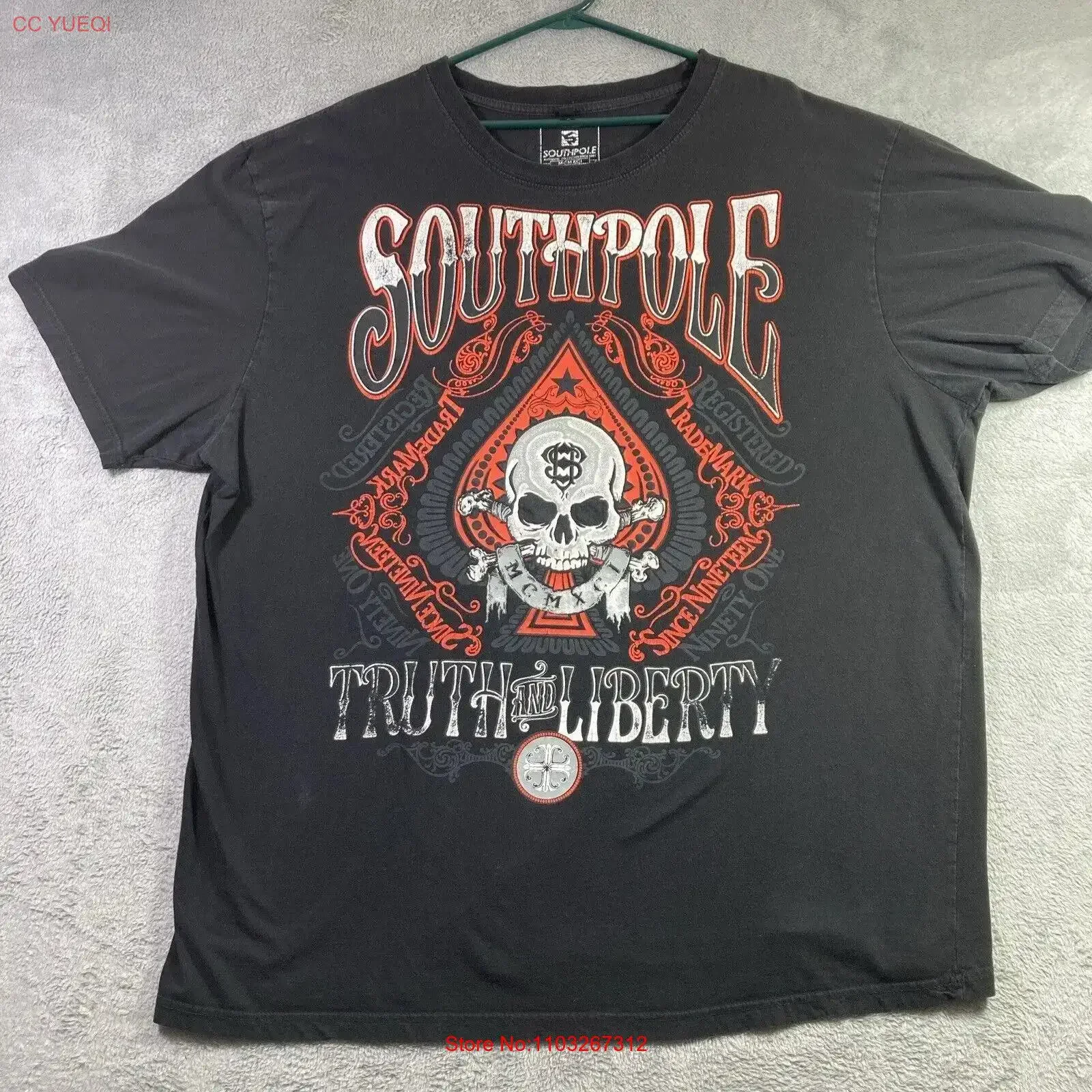 T-shirt vintage Southpole pour adulte 5XB noir Y2K Skull Truth Liberty, style vintage, délavé, doux, respirant, légèrement graphique, homme