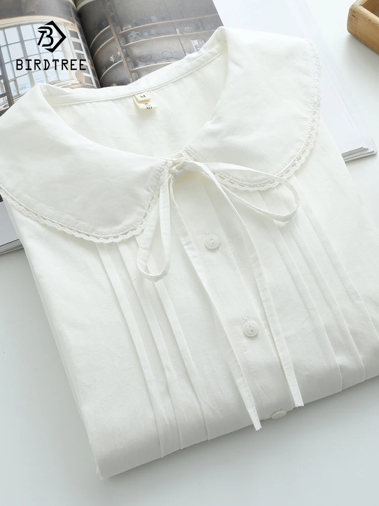 

New 2025 Autumn Cotton Long Sleeve Shirt, Women Peter Pan Collar Lace-up, Mori Girl Sweet Age Reduction Loose Blouse T59122CC