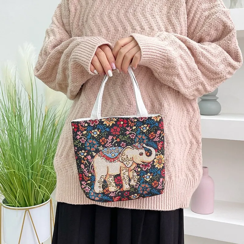 Handheld Bag Women New Retro Embroidered Crossbody Bag Nylon Knitted Casual Portable Handbag