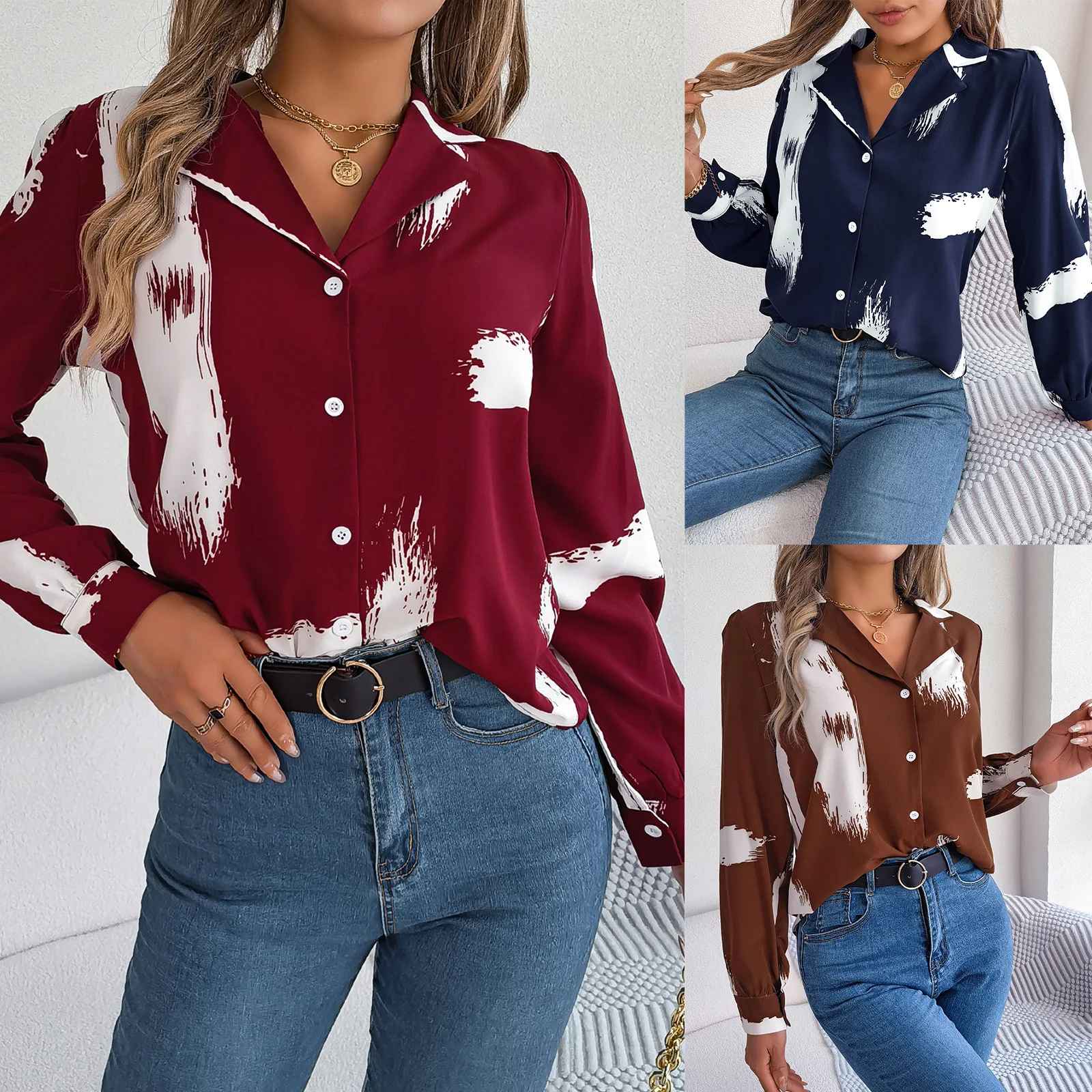 

Women's Blousers Spring Autumn Women's Long Sleeve T-shirt Contrast Printed Commuter Style Shirt For Women Casual Lapel Shirt