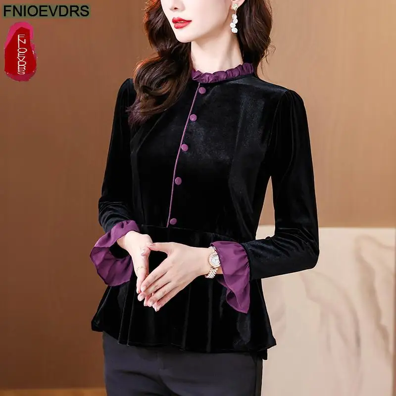 New Year Hot Black Velvet Top Basic Wear Women Autumn Winter Elegant Office Lady Button Shirts Retro Vintage Peplum Tops Blouses