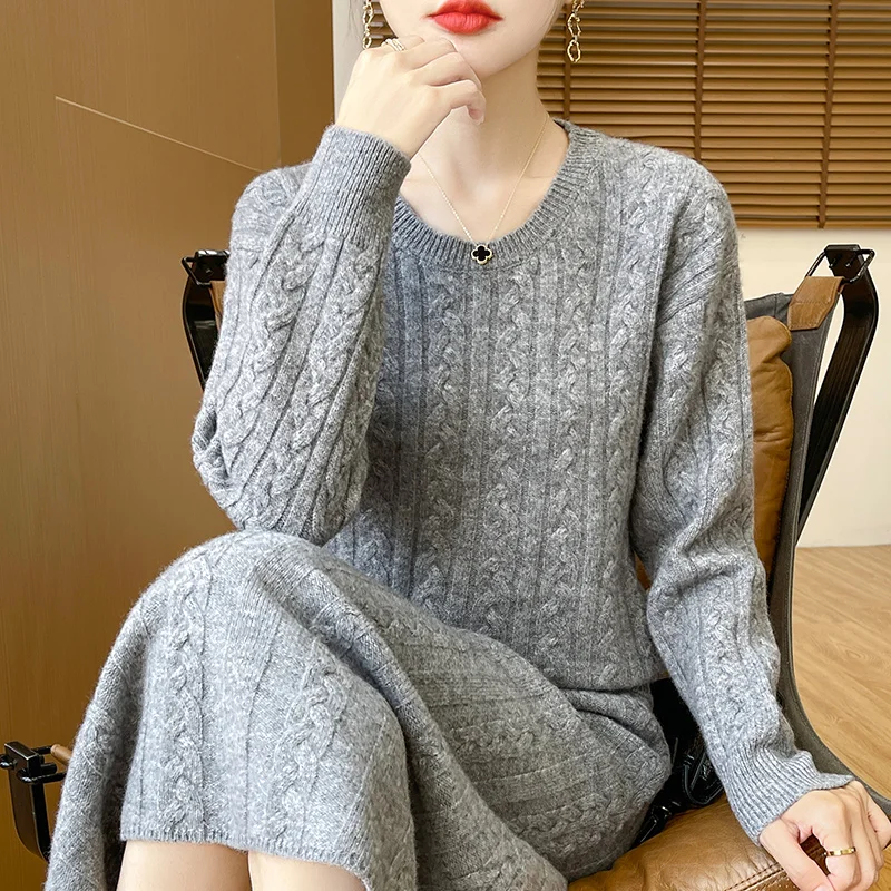 Pure Wool Crewneck Jumper + Skirt Two-Piece fall/Winter New Loose Sweater Knitted High Waist and Knee Skirt Umbrella Skirt