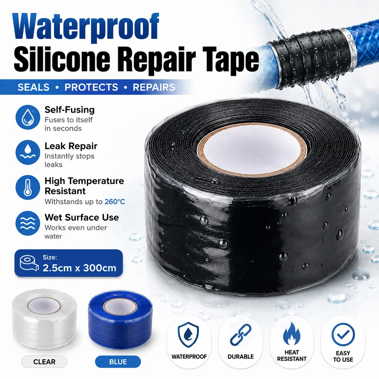 1-4 Stück selbstverschmelzendes, wasserdichtes Silikonband, hochelastisches, selbstklebendes Reparaturband zur Abdichtung von Lecks für Rohre, Schläuche und Sanitäranlagen.