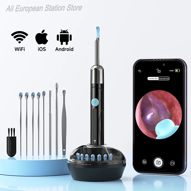 Endoscope WiFi 4.2mm 1080P, caméra de sélection d'oreille avec Base de cuillère d'oreille pour iOS/Android, Otoscope de nettoyage d'oreille avec outil d'élimination du cérumen