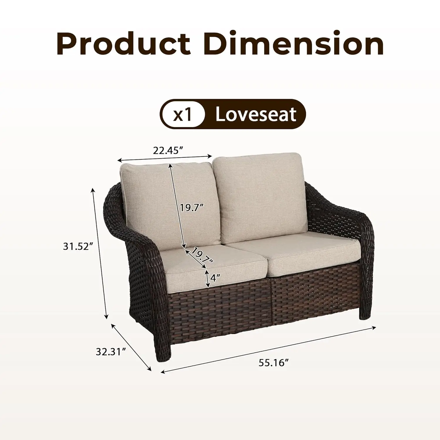 #55 inch Outdoor Wicker 2 Seater Sofa, All-Weather Use Patio Rattan Loveseat with Seat and Back Cushion, Ideal for, Customized
