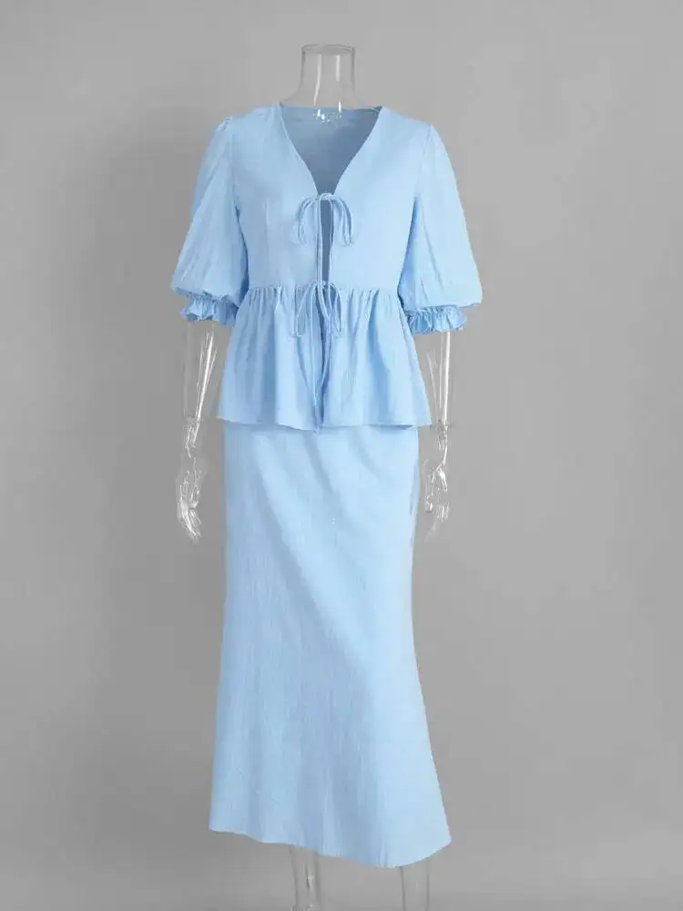 

Tossy Summer Ruffled 2 Piece-Set Maxi For Women V-Neck Lace-Up Short Sleeve Shirts Top And Slim High Waist Long Skirt Sets