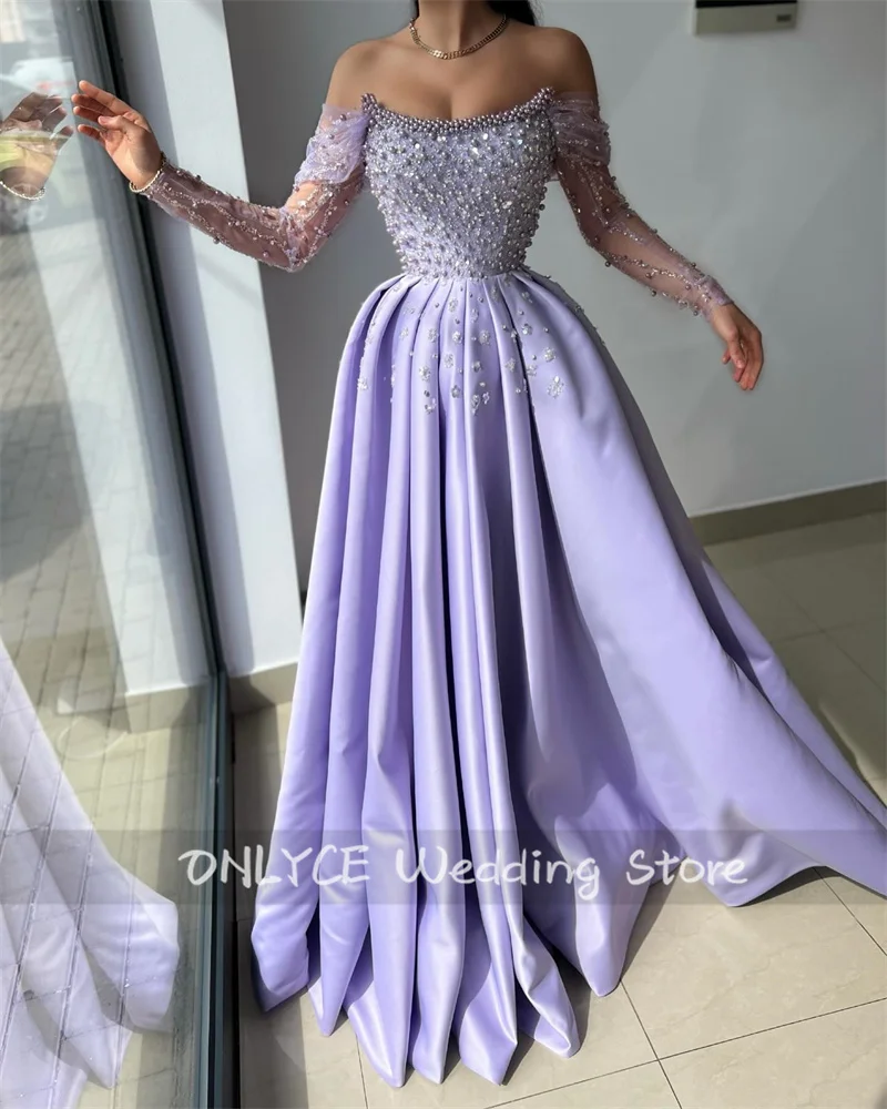 Luxury Elegant Lavender Mermaid Evening Dresses With Two Gloves Pearls Beading Crystals Pleats فساتين طويلة Formal Prom Party