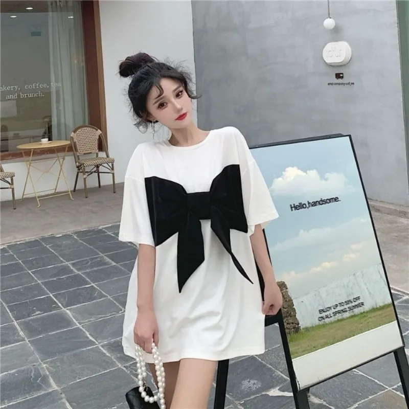 Short-sleeved T-shirts Women Summer New Niche Bow Color Collision O-neck Loose Office Lady Korean Versatile Casual Tops Female