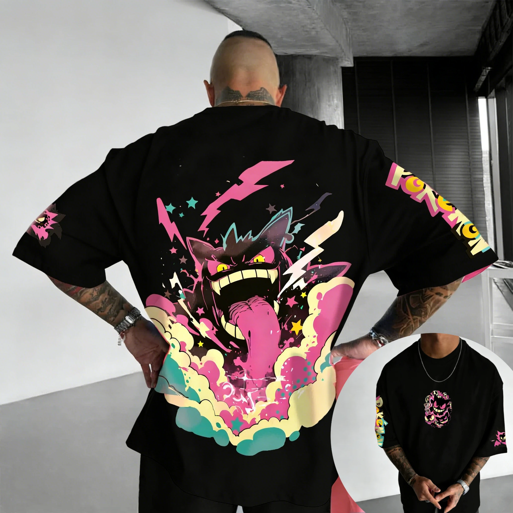 Nieuw Pokemon katoenen T-shirt met Gengar Back Print Roze bliksemblauwe rook en sterreneffecten Loose Fit Heren Dames Casual