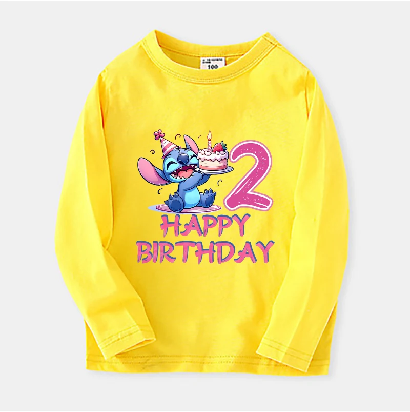 T-shirt à manches longues à col rond Disney pour filles, vêtements d'anniversaire, dessin animé mignon, point, numéro, tie aught, anime Kawaii, t-shirts en coton