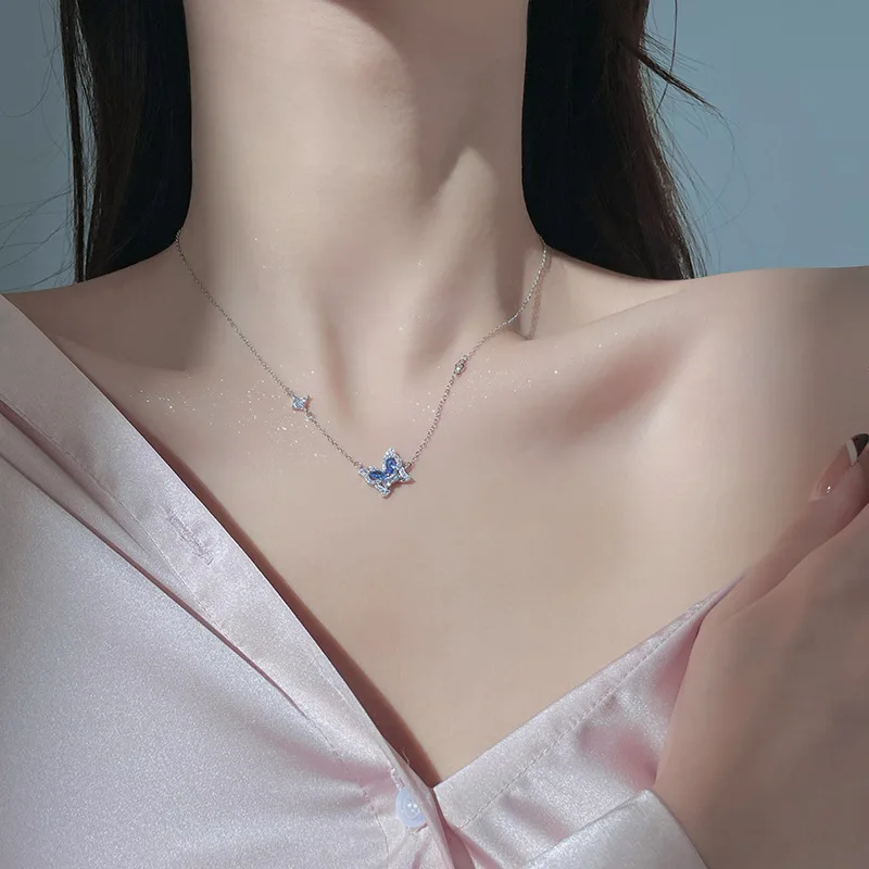 

Sterling Silver Fashion Ins French Temperament Clavicle Chain Online Celebrity Mori Jewelry Ice Blue Butterfly Necklace Female