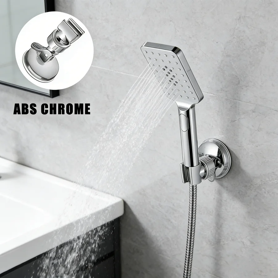 

1Pc No Drill Removable Shower Head Bracket, Adjustable Strong Suction Cup ABS Silver Bathroom Nozzle Fixed Base