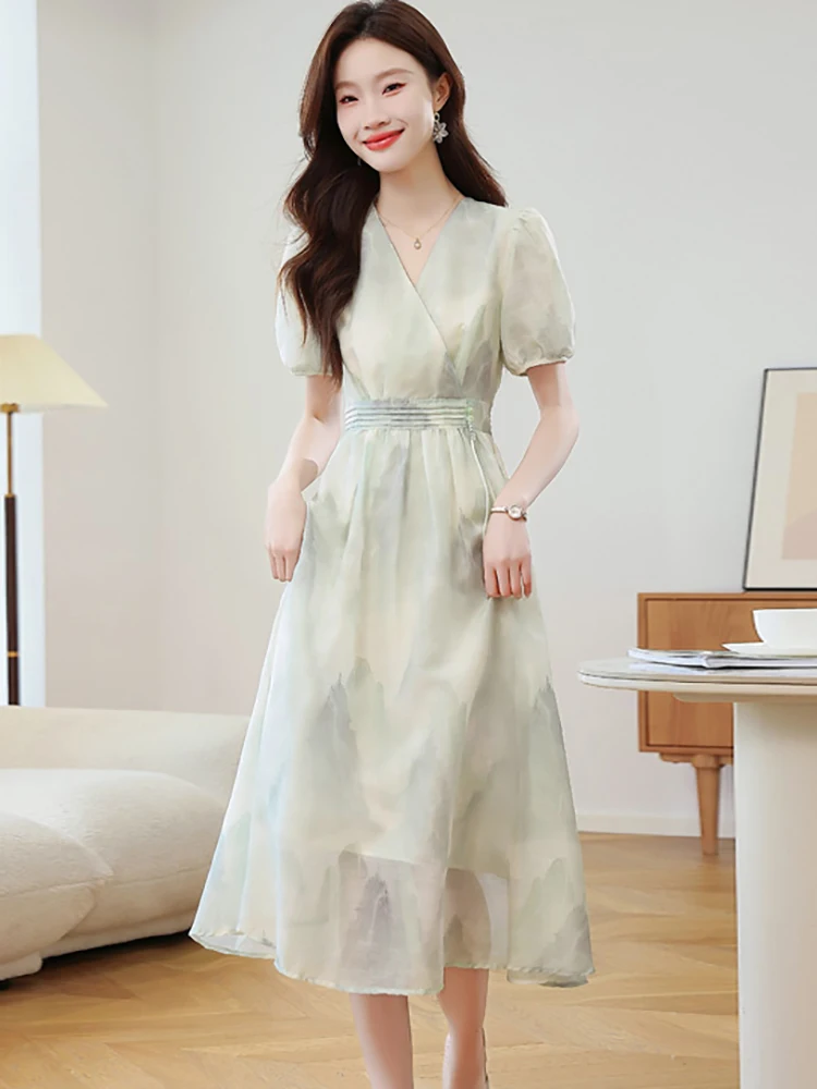 Women Print Short Sleeve V-Neck Casual Long Dress Summer Korean Bodycon One Piece Dress 2025 Elegant Luxury International Dress