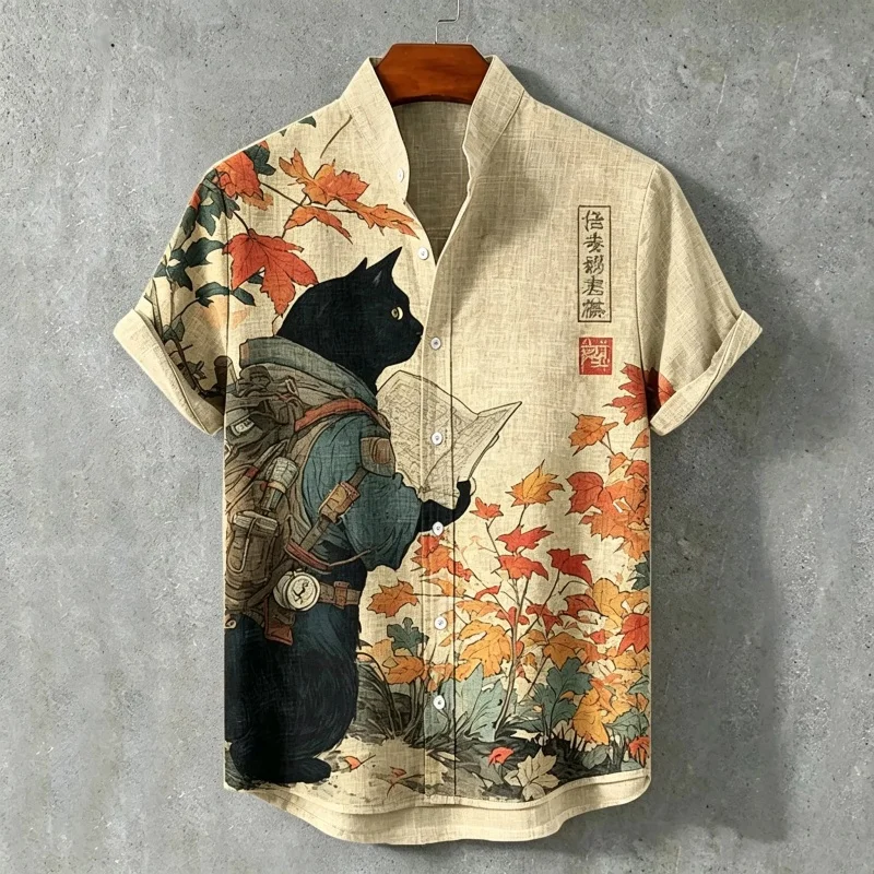 Fashion Summer Cat Japanese Style Shirts Casual Loose Short Sleeve Single Breast Harajuku Chic Tops Oversized Tees Male