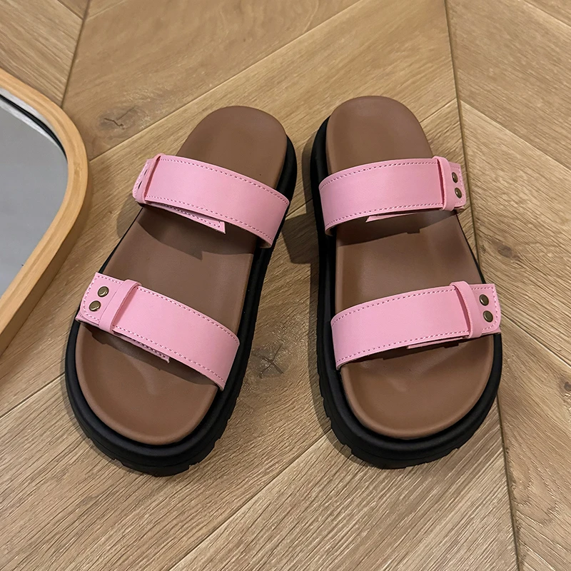 Platform Slippers Summer New Round Head Open Toe Simple Word Sandals Anti-slip Wear-resistant Women's Shoes