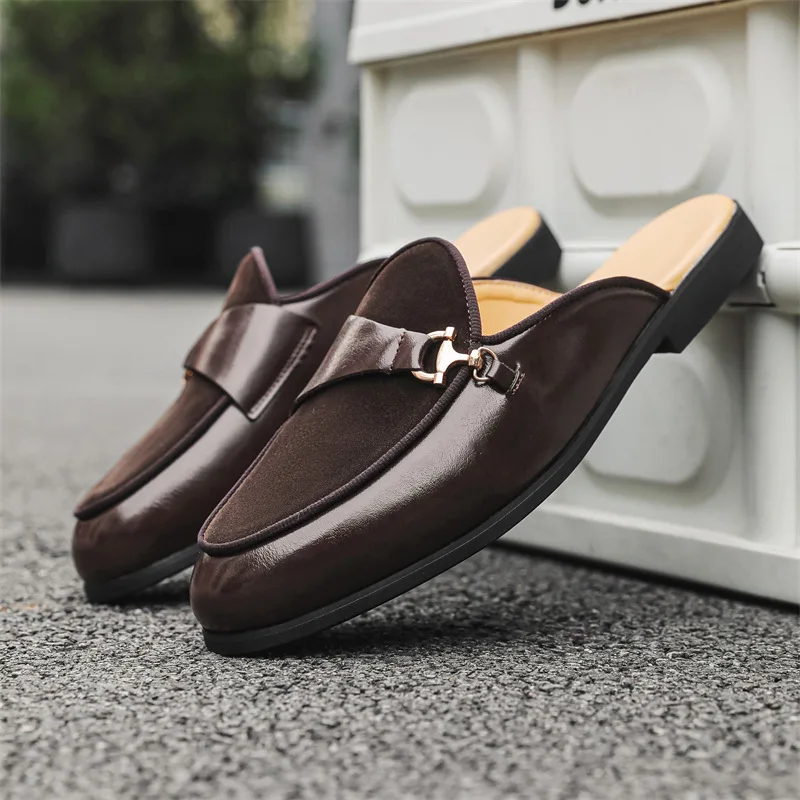 Hight Quality Summer New British Street Style Leather Mules for Men's Hombre Daily Outdoor Slippers Big Size，Fashion Man Shoes