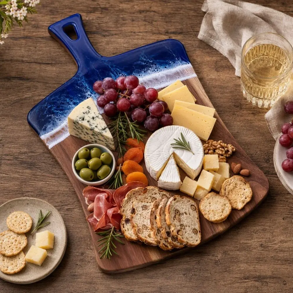 Sea Wave Pattern Resin-Wood Splicing Cutting Board Rectangular Hanging Handle Bread Serving Board Thickened Cheese Platter