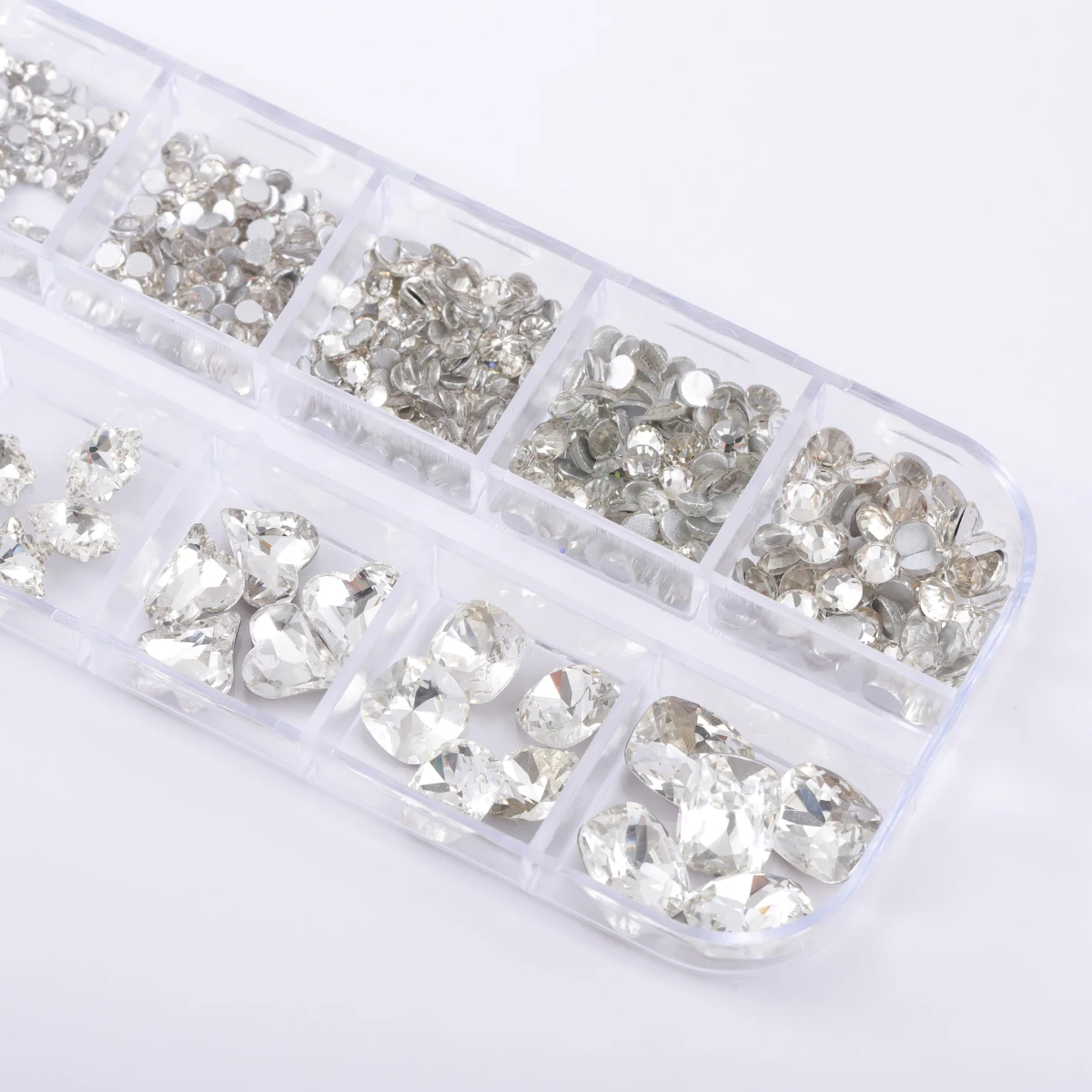 950pcs12 palace box transparent color flat nail rhinestone rhinail diamond fat square crooked heart special nail tip drill set