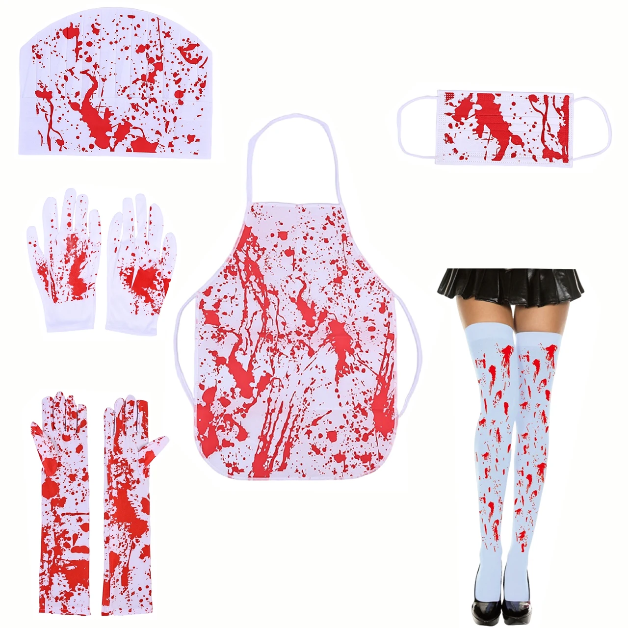 Halloween Bloody Butcher Costume Set Blood Splatter Apron Hat Mask Gloves Stockings Scary Cosplay Outfit for Horror Party Zombie