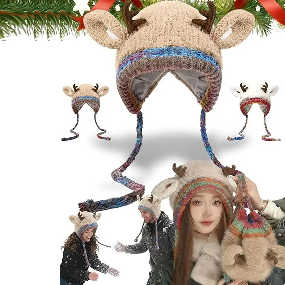 New Fur Deer Storage Hat Ear Protection Windproof Knitted Deer Antler Hat 2 In 1 Warm Festival Christmas Antler Hat Winter