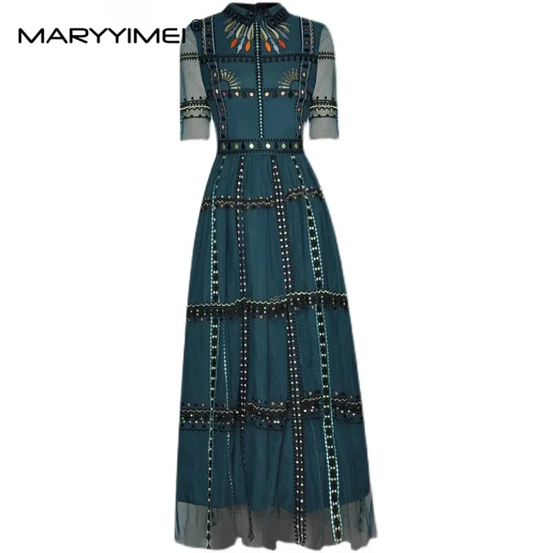 

MARYYIMEI Fashion Designer Women's Turn-down Collar High waist Stripe Embroidery Vintage Mesh Dress Summer Elegant Party dress